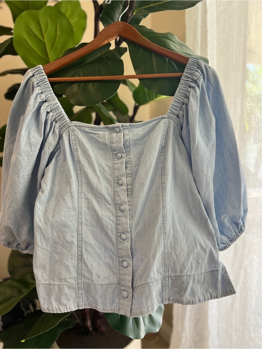 Black Label Light Blue Square-Neck Puff Sleeve Blouse